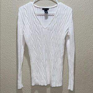 New York & Company White V-Neck Cable Knit Sweater